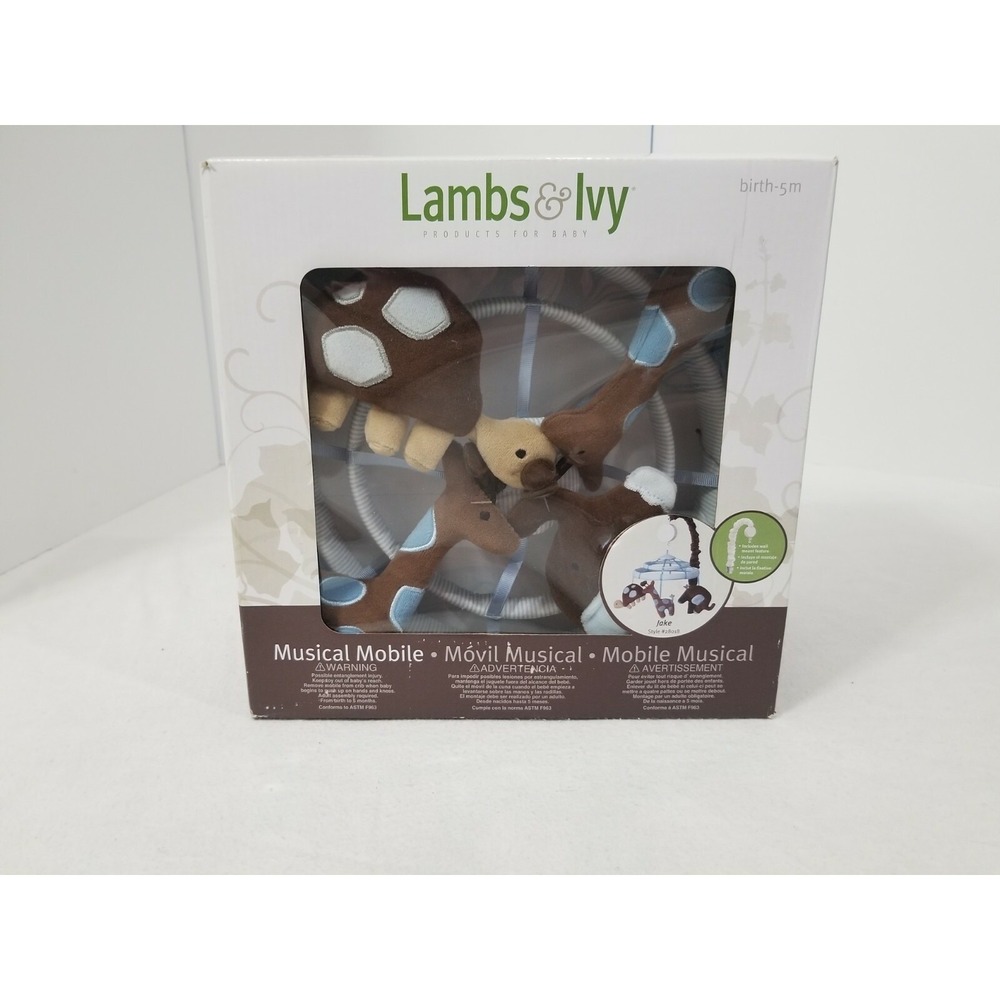 Lambs & Ivy Jake Musical Mobile Blue Brown Tan Elephant Giraffe Turtle NEW‎ RARE